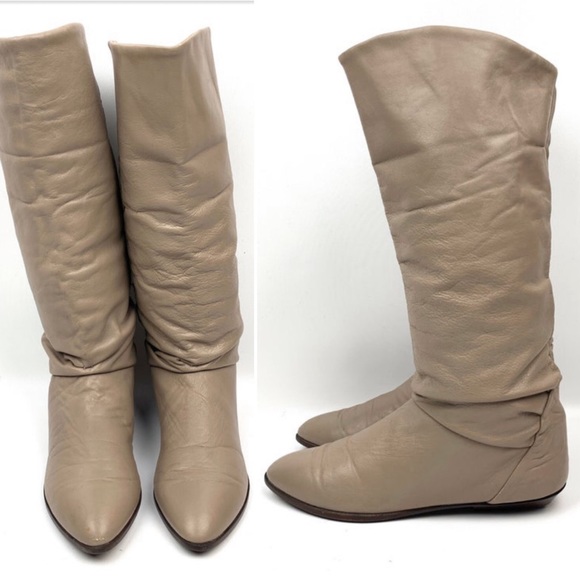 RARE‼️ DEXTER 1970s USA Leather Ruched Slouch Almond-toe Taupe Boots - Picture 1 of 12